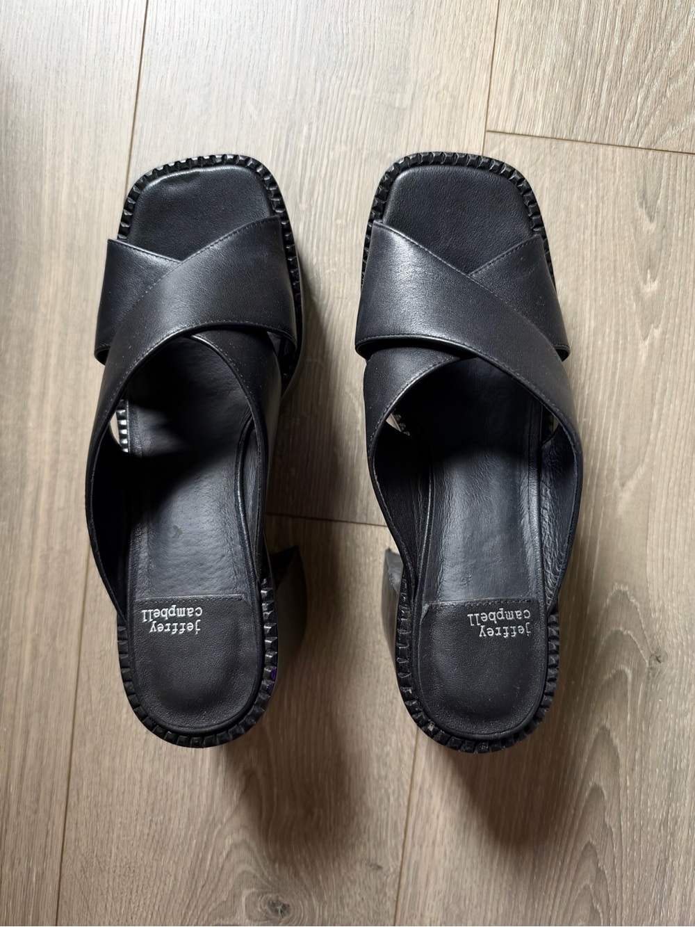 Jeffrey Campbell Black Leather Crisscross Slide Sandals